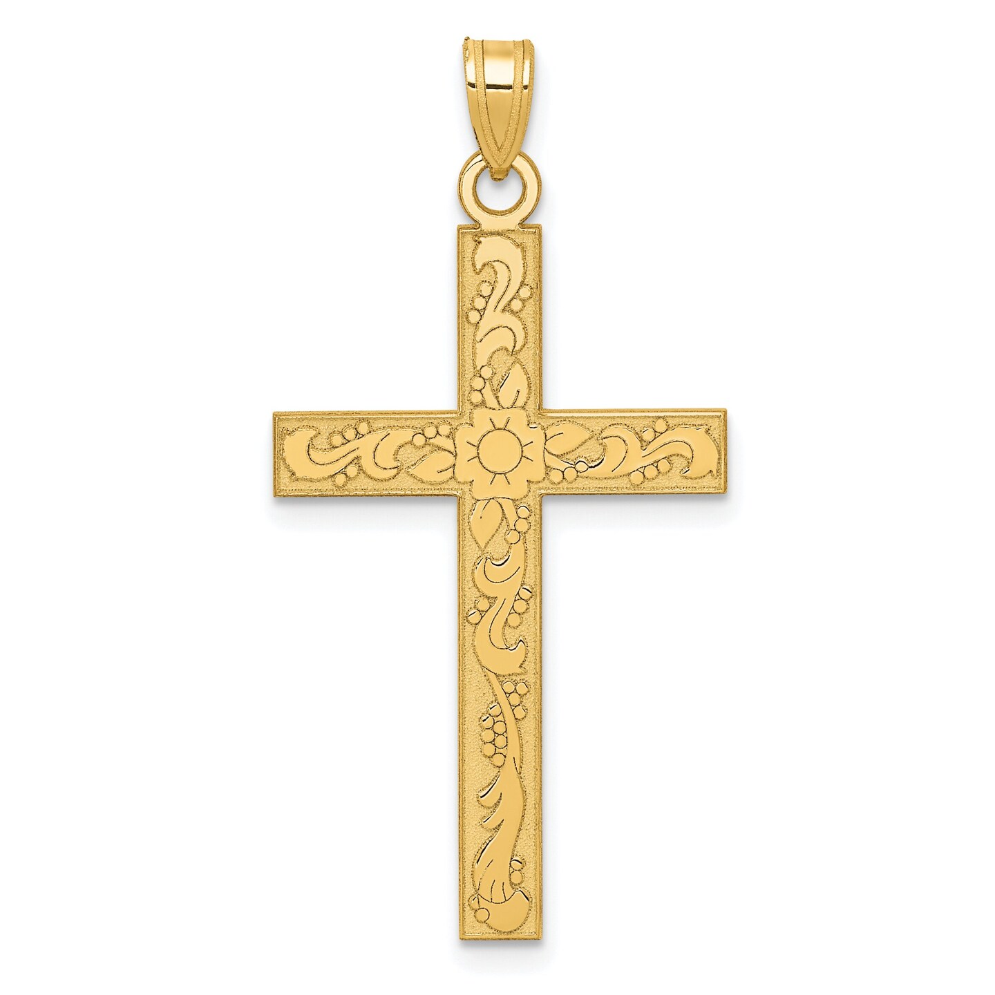 14K Yellow Gold Floral Cross Pendant Charm Jewelry