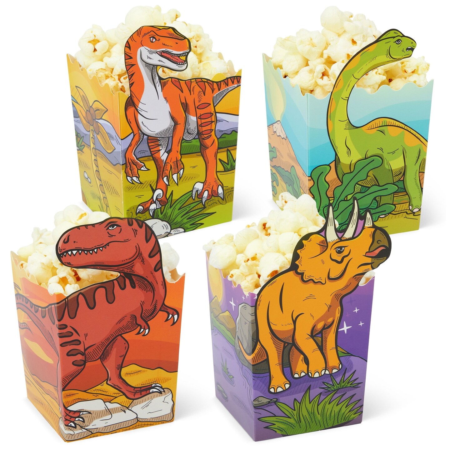 60 Pack Dinosaur Popcorn Boxes for Candy, Snacks, Kid&#x27;s Birthday Party Supplies (4 Dino-Themed Designs)
