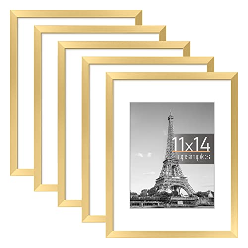 11x14 Picture Frame Set of 5, Display Pictures 8x10 with Mat or 11x14 Without Mat,Wall Gallery Photo Frames, Gold