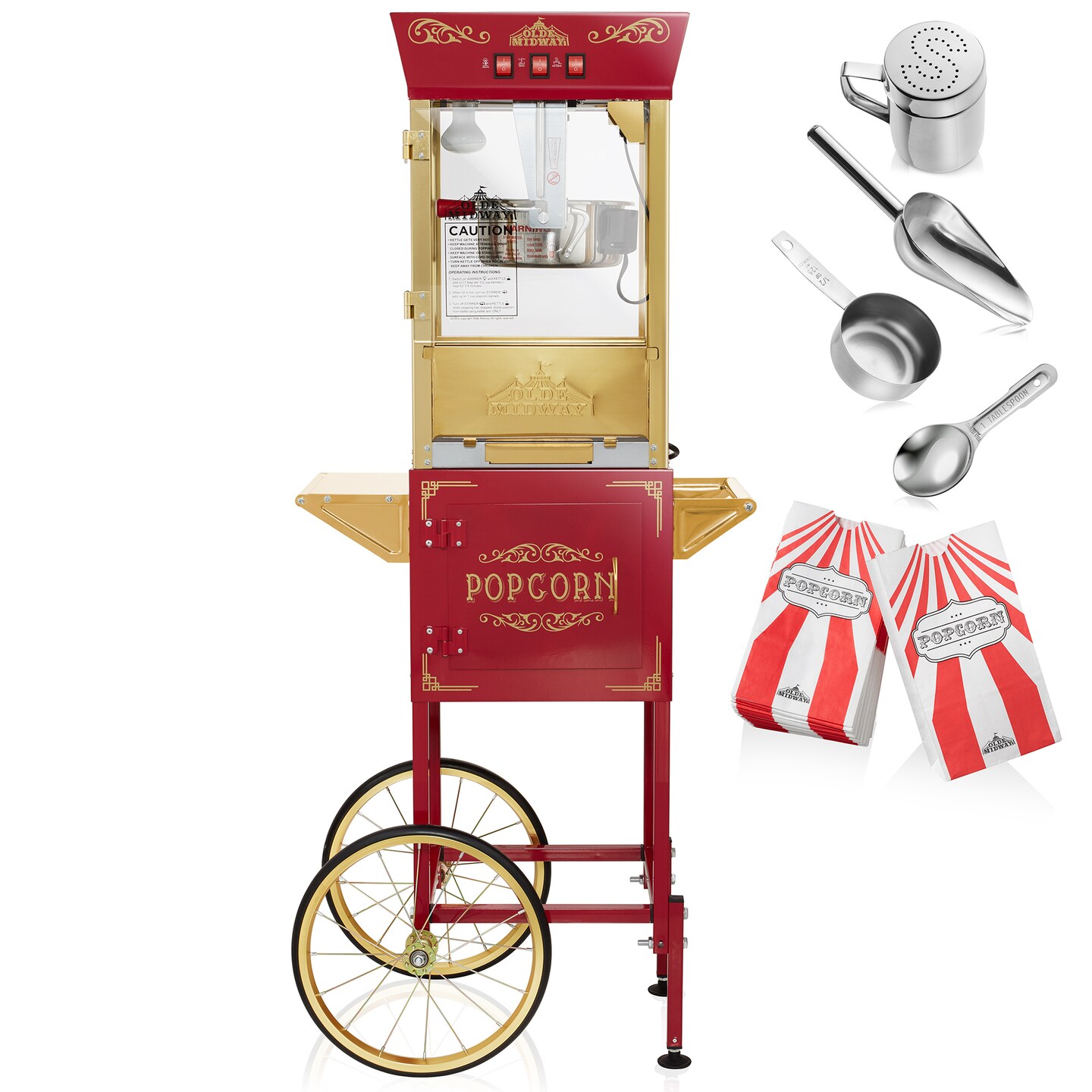 Olde Midway Movie Theater-Style Popcorn Machine Maker with Cart and 8-Ounce Kettle, Vintage-Style Popper on Wheels
