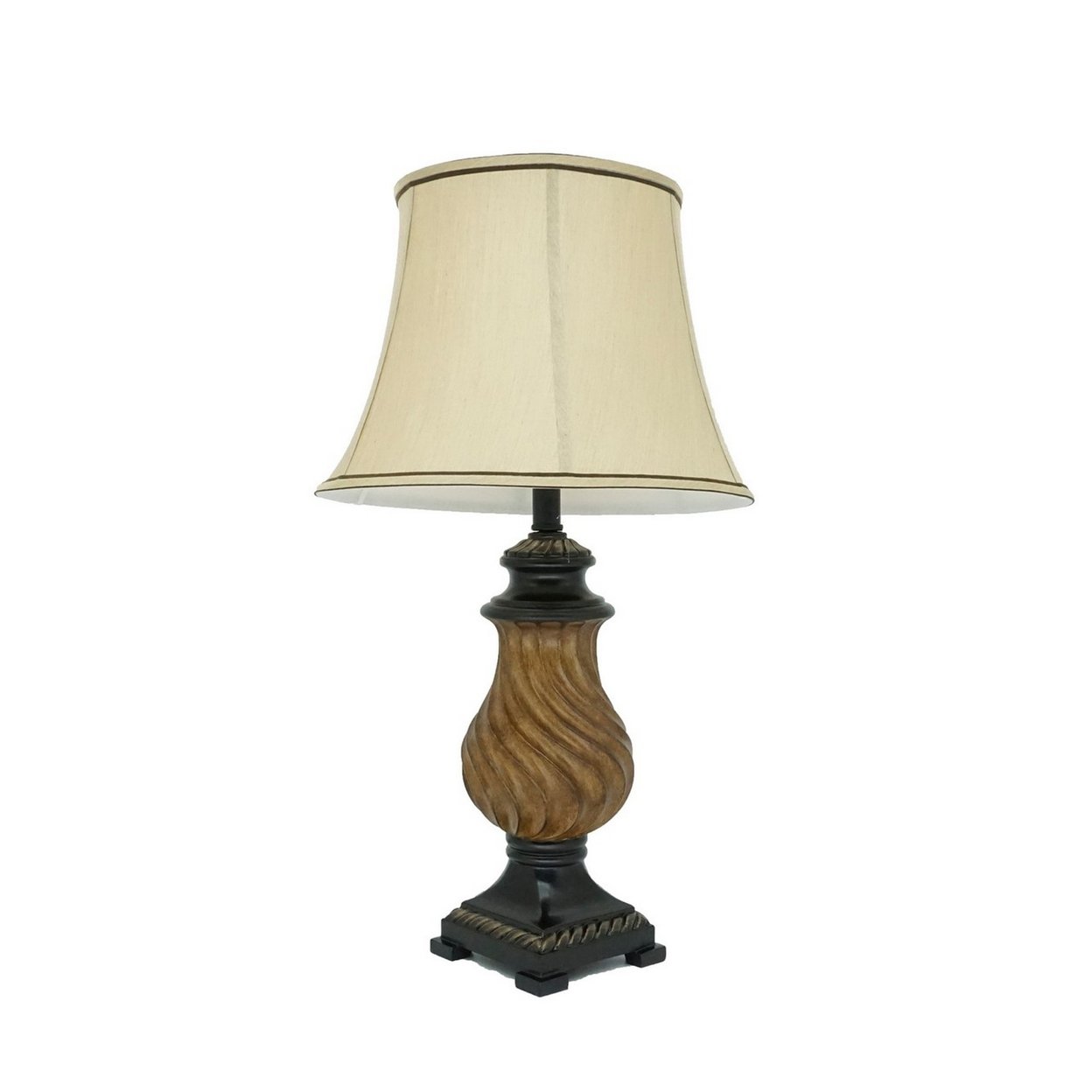Saltoro Sherpi 29 Inch Table Lamp, Traditional Round Beige Fabric Shade, Brown Plinth Base-