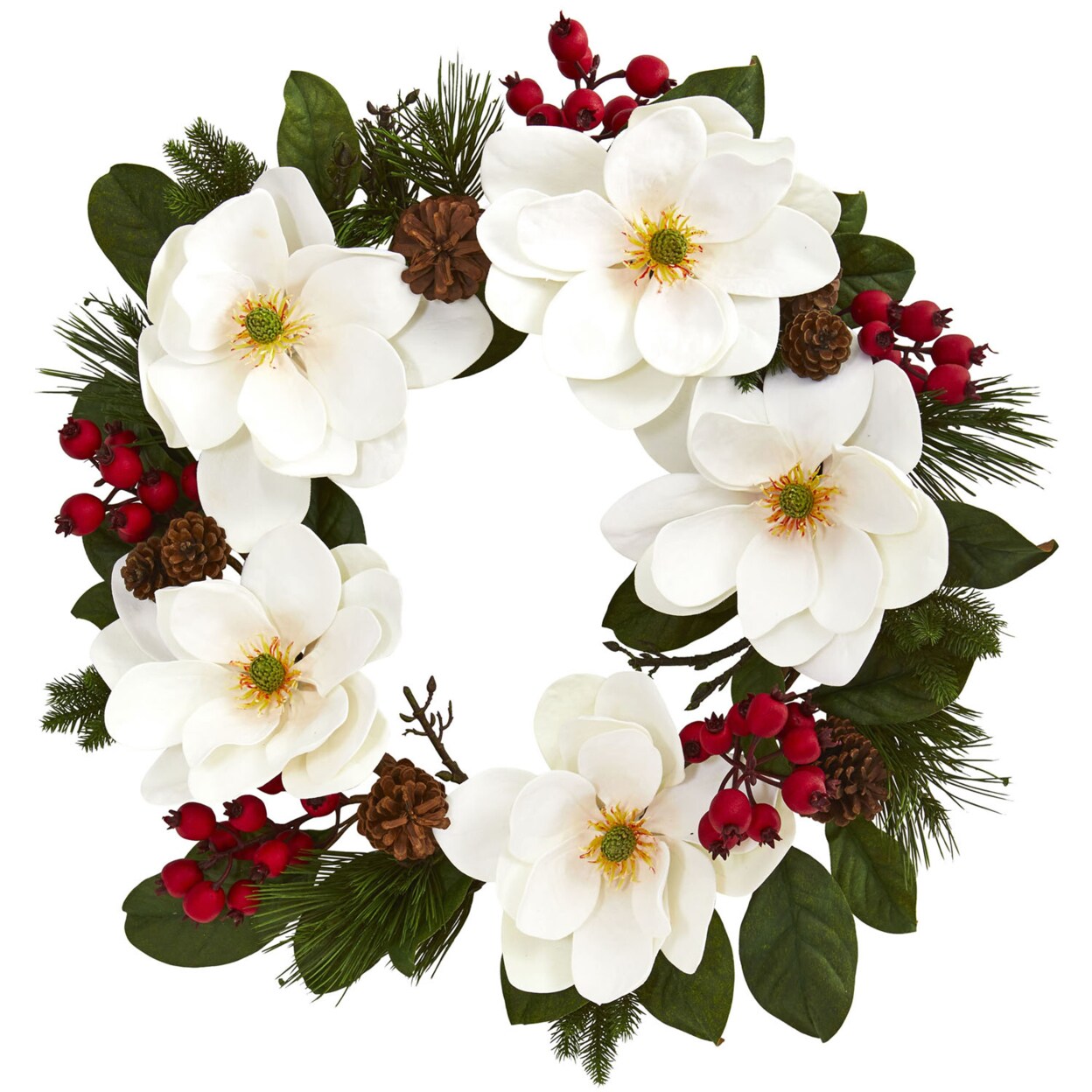Nearly Natural 26&#x22; Magnolia, Pine and Berries Wreath