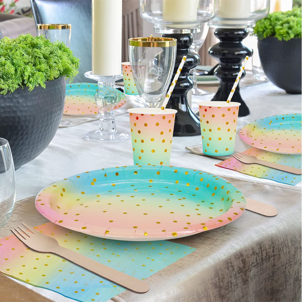 168PCS Pink and Gold-Pastel Party Supplies, Severs 24 Disposable Party Dinnerware Include Paper Party Plates, Cups, Napkins, Straw, Wooden Fork Spoon for Wedding, Rainbow Party, Birthday Baby Shower