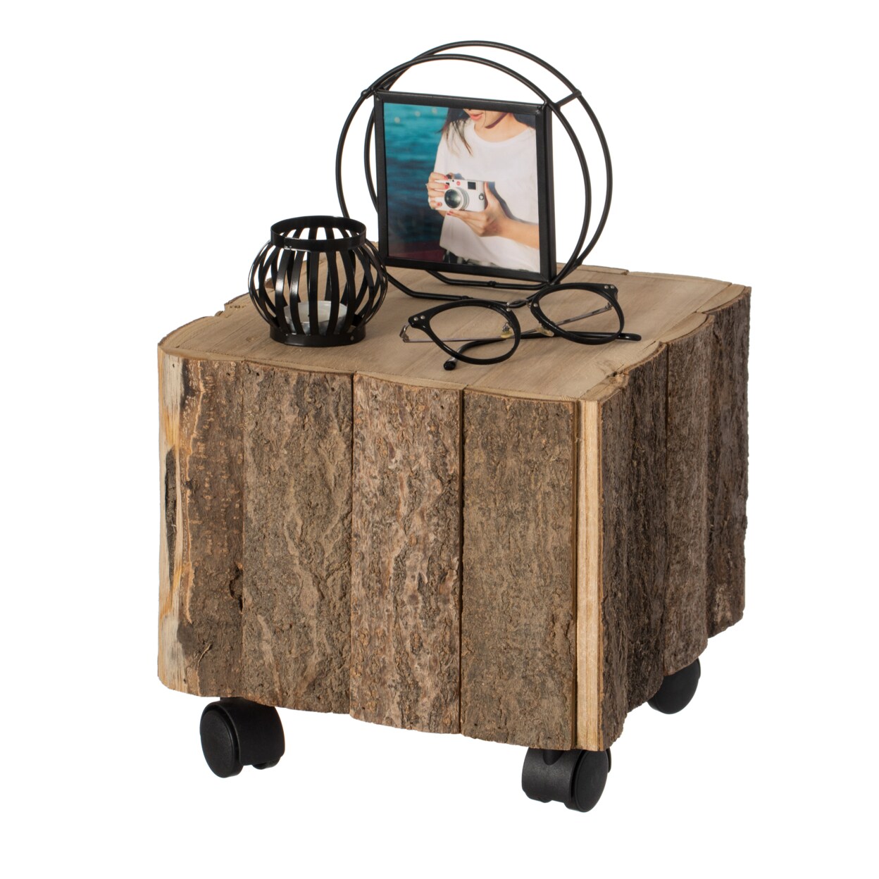 Vintiquewise Accent Decorative Natural Wooden Square Stump Stool with Wheels for Indoor and Outdoor