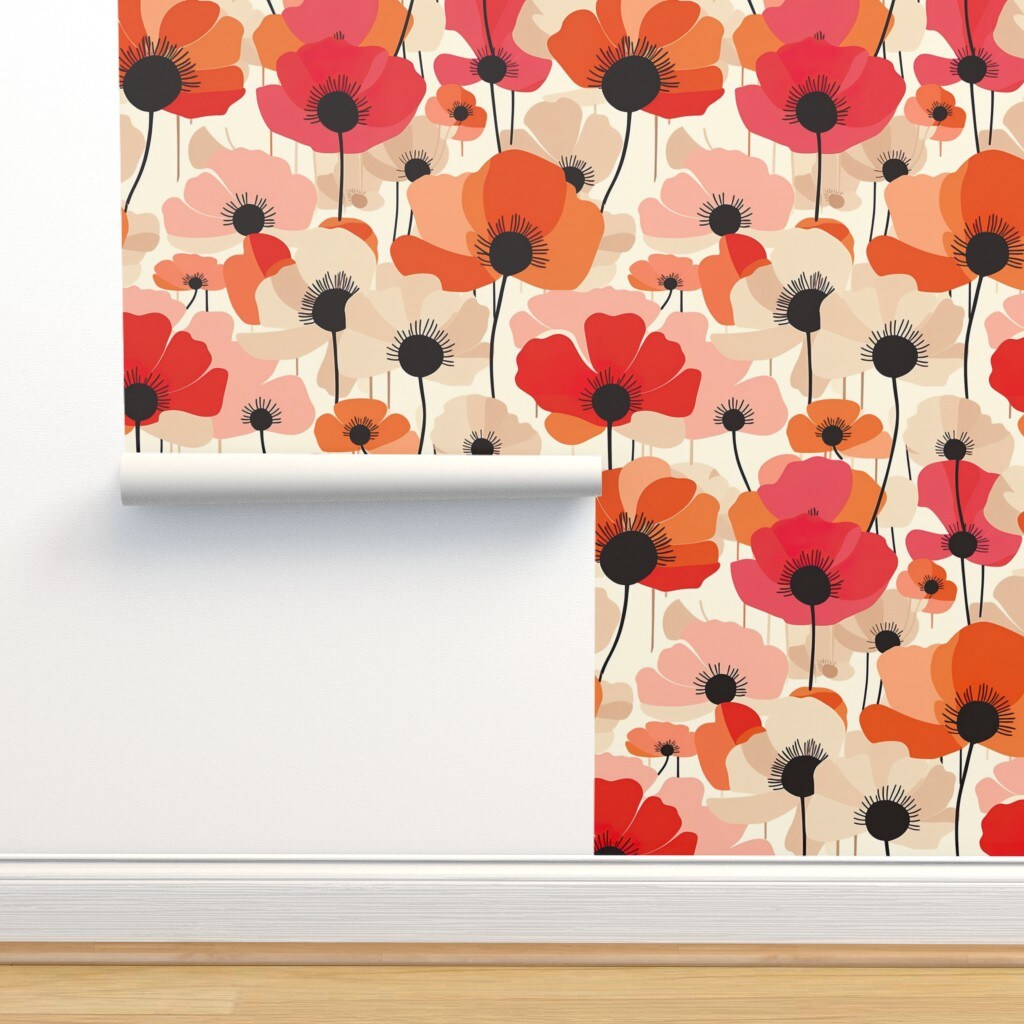 Flowers Modern Poppies Pinks Botanical Minimalist Finnish Floral Print Poppy Field Scandi Large Scale Retro Vintage Custom Removable Wallpaper by Spoonflower Peel & Stick Wallpaper 2FT Wide