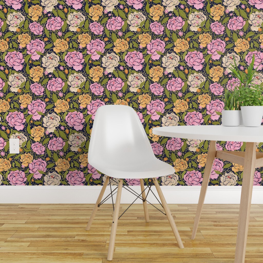 Pre-Pasted Wallpaper 2FT Wide Peony Flowers Floral Spring Garden Botanical Peonies Pink Yellow Green Cottagecore Custom Pre-pasted Wallpaper by Spoonflower