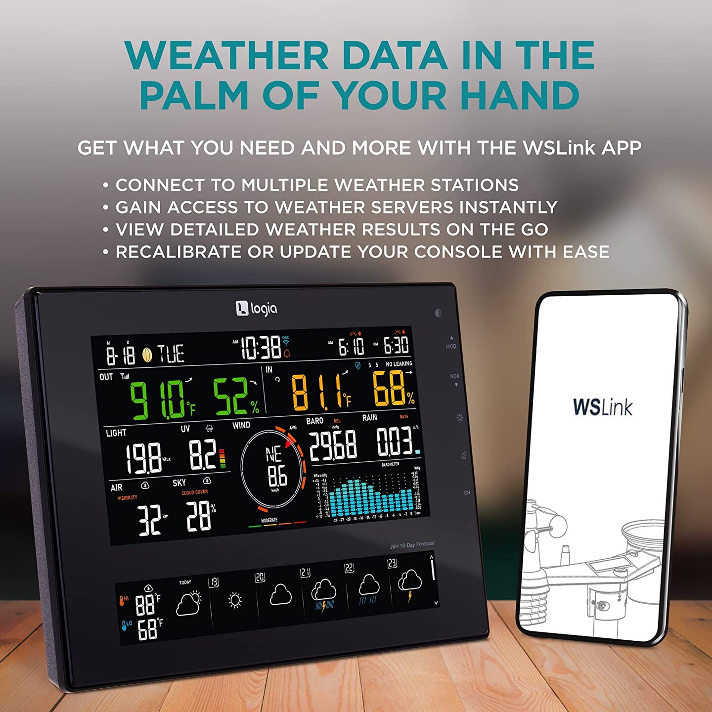 Logia 7-in-1 WiFi Wireless Weather Station 8&#x22; with solar panel and 10-Day Forecast