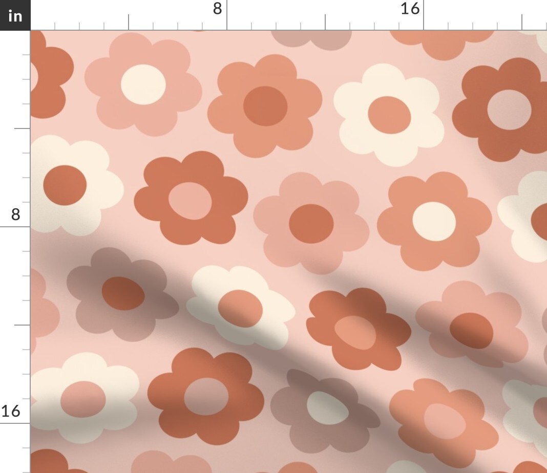 Retro Floral Terracotta Cream 1970S Blush Pink Midcentury Custom Printed Fabric by Spoonflower Various Fabrics by the Yard or Fat Quarter