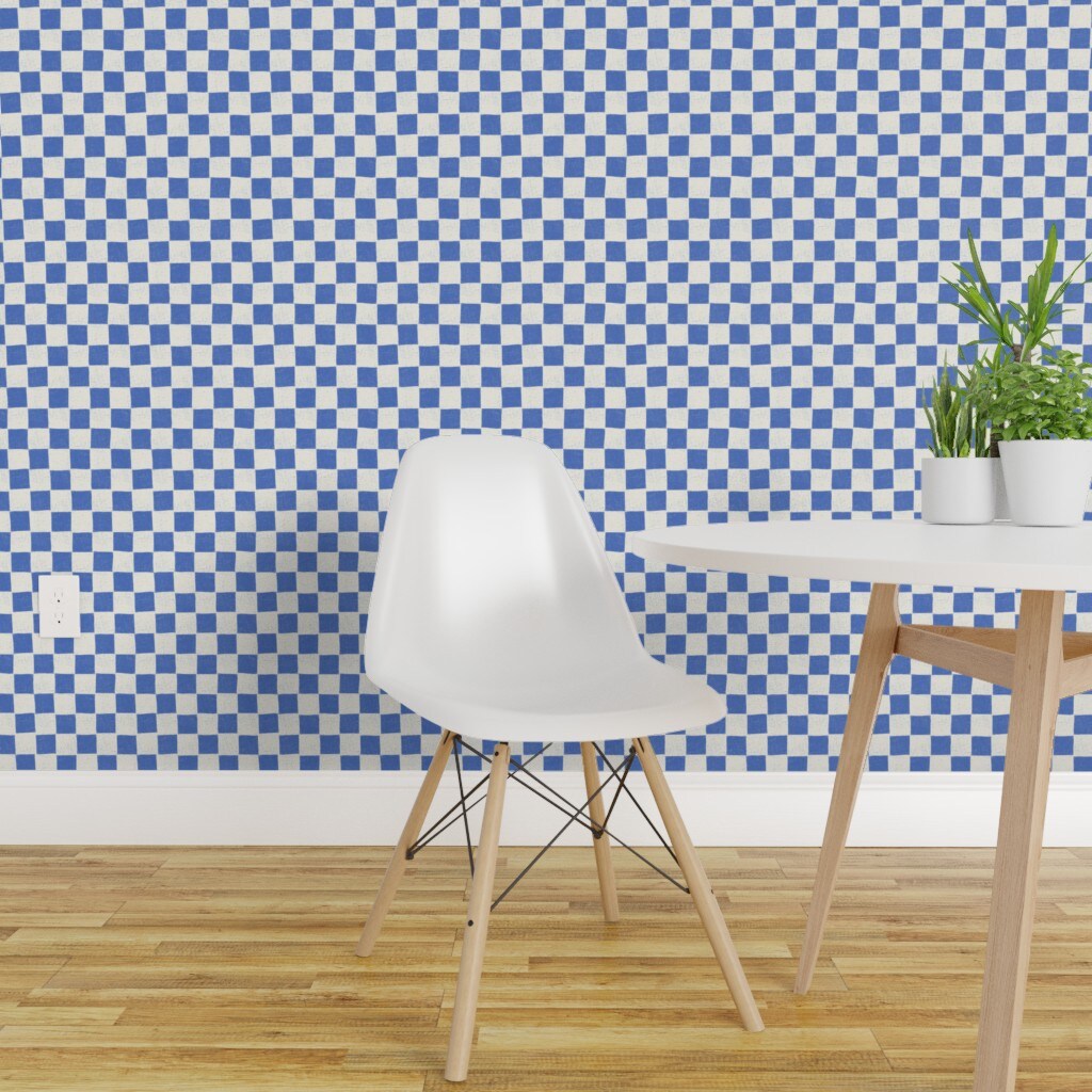 Peel &#x26; Stick Wallpaper 2FT Wide Blue Geometric Hand-Drawn Stamp Checkered Checks Block Print Medium Scale Race Rally Finish Flag Custom Removable Wallpaper by Spoonflower
