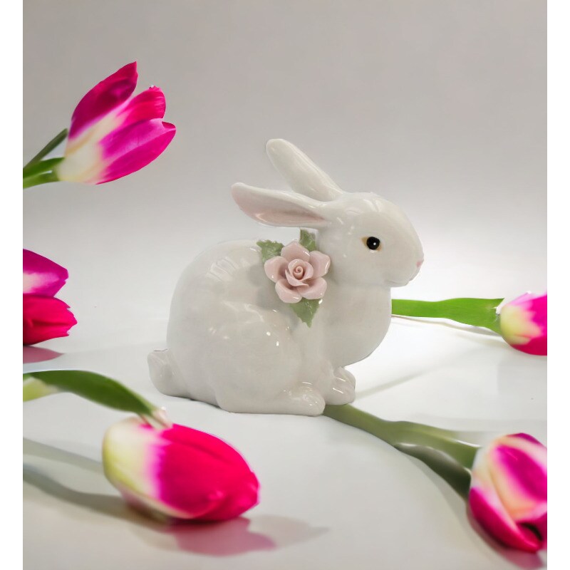 kevinsgiftshoppe Springtime Bunnies: Easter Bunny Rabbit Crouching with Pink Rose Flower Figurine