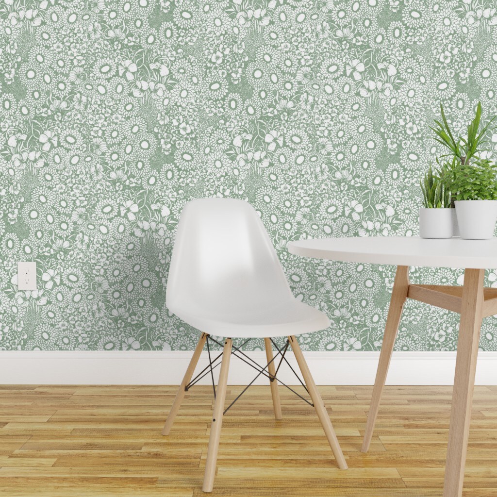 Peel & Stick Wallpaper 2FT Wide Sage Green Floral Monochrome