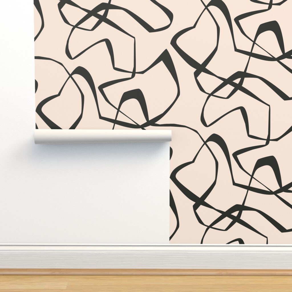 Imperfect Line Large Scale Scandinavian Organic Strokes Painterly Doodle Minimalist Japandi Beige Black Modern Custom Pre-pasted Wallpaper by Spoonflower Pre-Pasted Wallpaper 2FT Wide