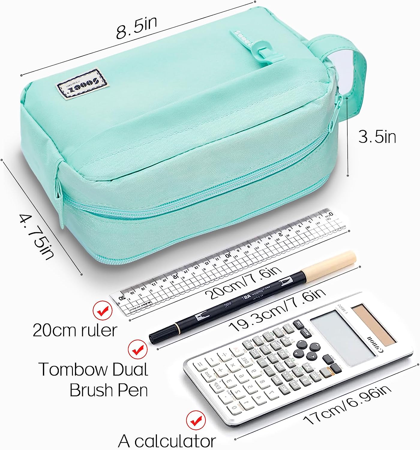  Sooez Big Capacity Pencil Pen Case, [Material Upgraded] Canvas  Pencil Pouch Large Pencil Bag Organizer, Separate Compartments Easy Grip  Handle, Aesthetic Supply for School Teens Adults, Mint Green : Arts, Crafts