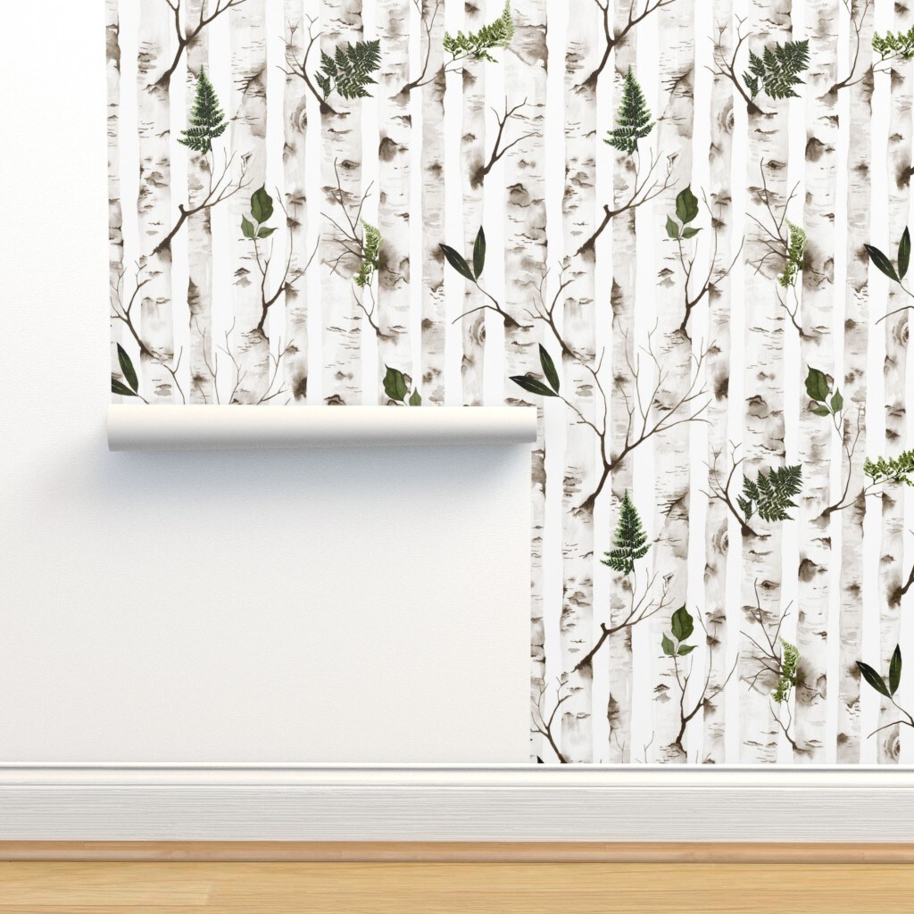 Woodland Rustic Nature Forest Birch Woods Trees Botanical Custom Removable Wallpaper by Spoonflower Peel & Stick Wallpaper 2FT Wide