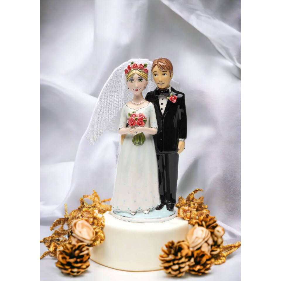 Hand Painted Ceramic Wedding Bride and Groom Cake Topper, Wedding Décor, Gift