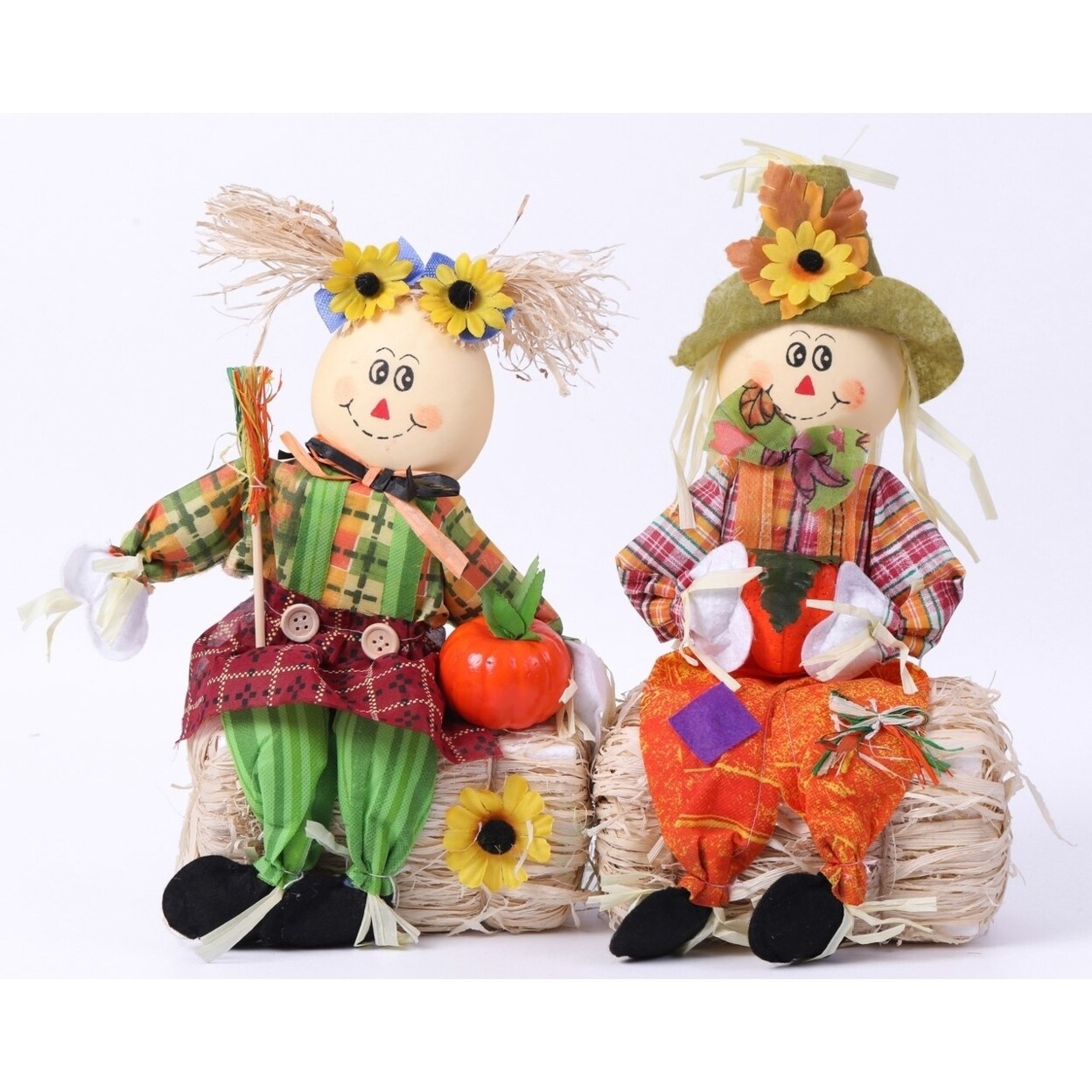 Gardenised 13 Inch Duo Scarecrow Set Boy Girl On Hay Bale
