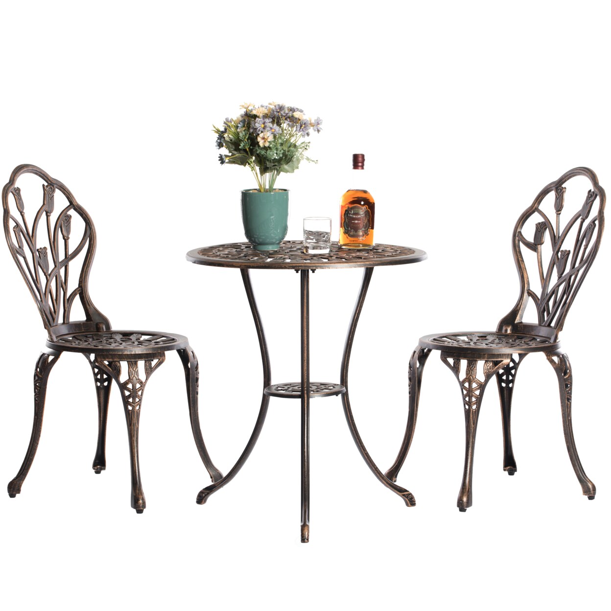 Bronze Cast Aluminum Bistro Dining Set 2 Chairs 1 Table Indoor Outdoor Umbrella