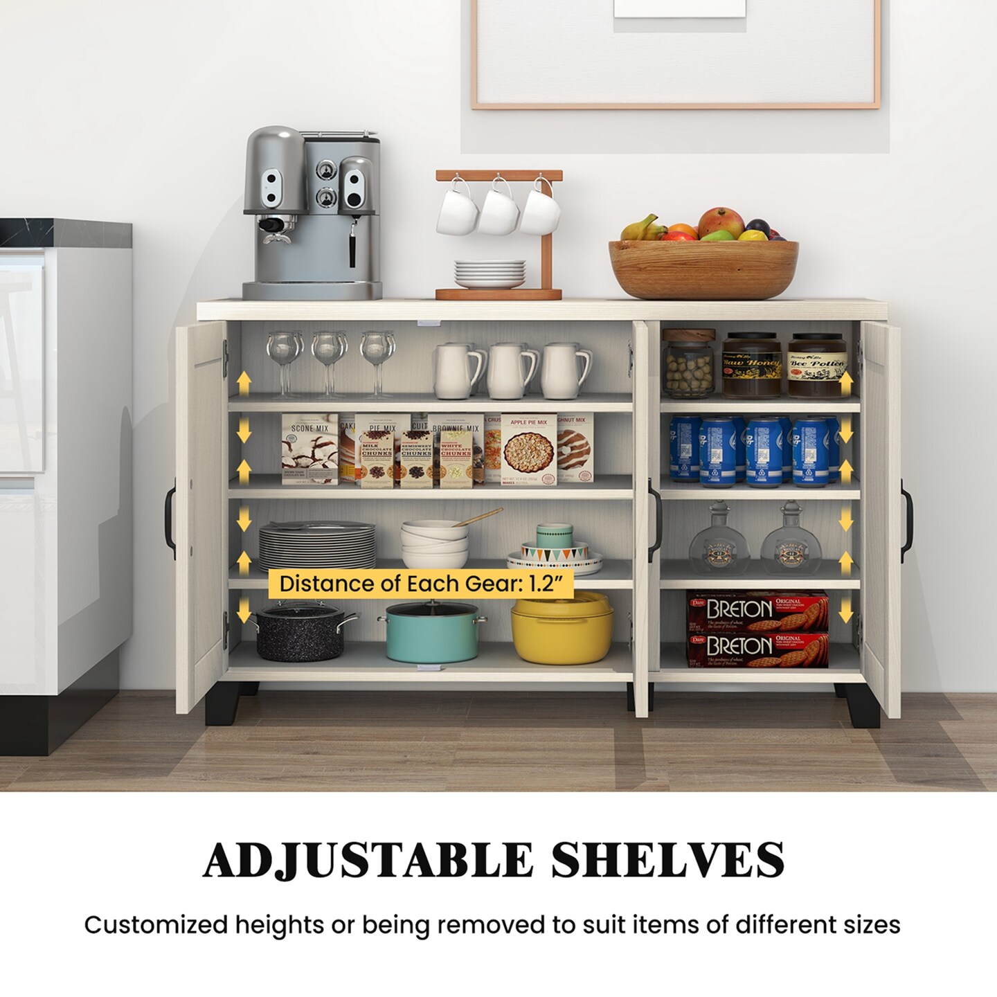 Costway 3-Door Buffet Sideboard Storage Credenza Cabinet Console Adjustable Shelf Brown/White Wash