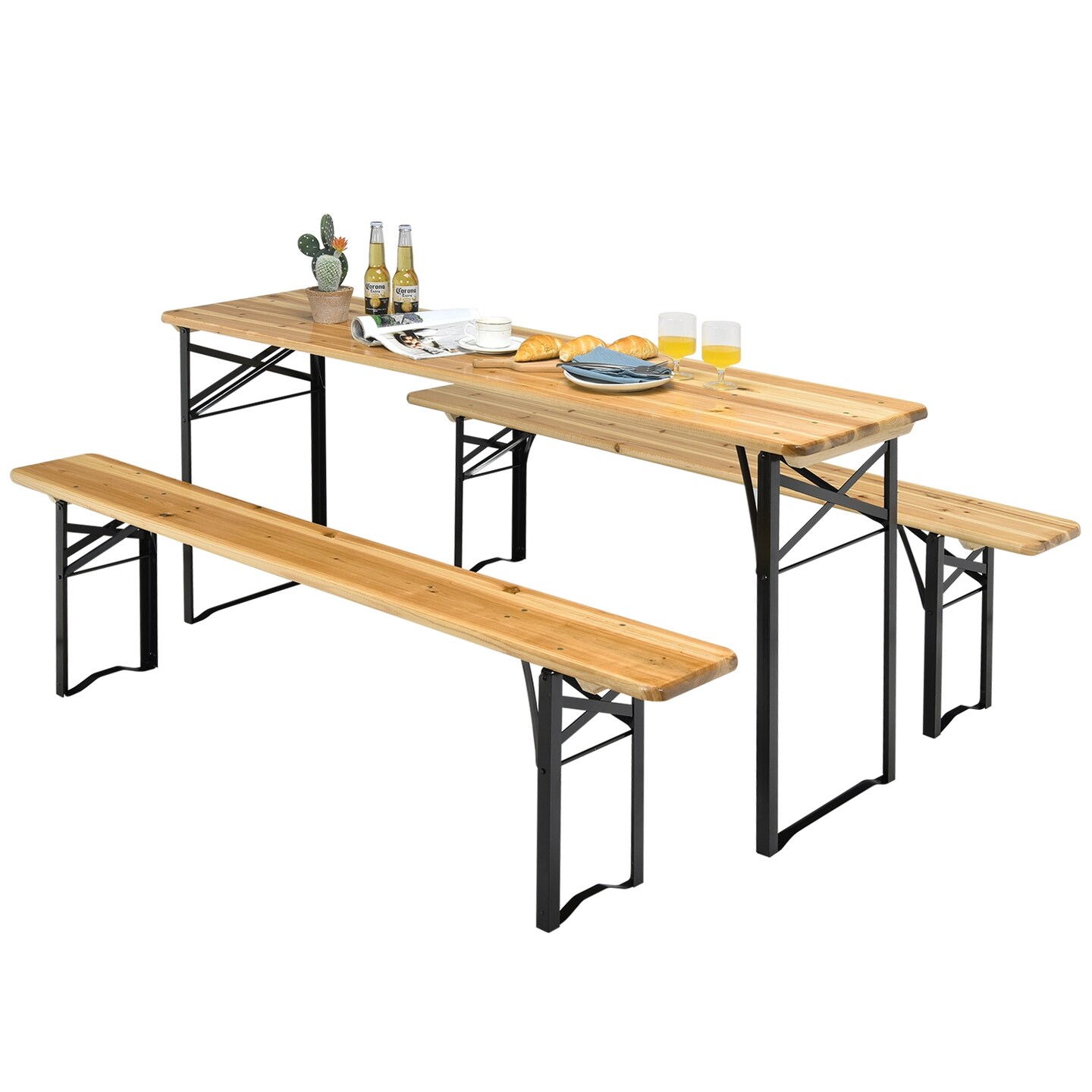 Natural Wood Beer Table Set 3-Pcs Folding Picnic Table 2 Benches Iron Frame