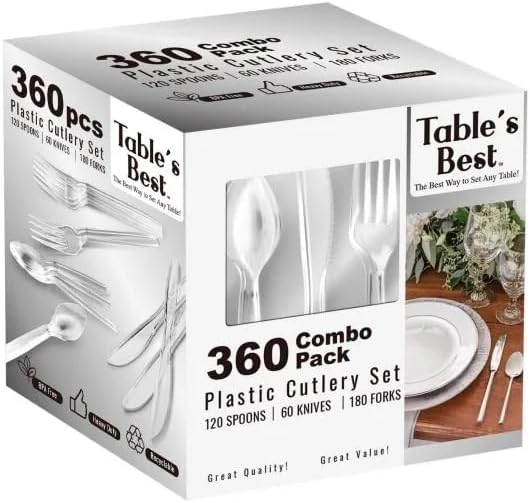 Clear Disposable Cutlery set - 360 Pieces: 180 Forks, 120 Spoons, 60 Knives