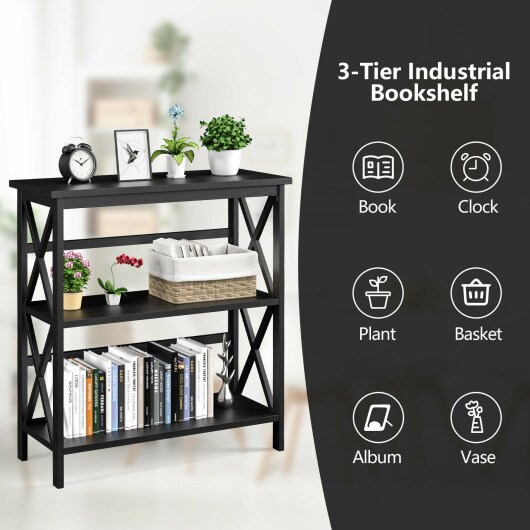 3-Tier Bookshelf Wooden Open Storage Bookcase for Home Office-Black
