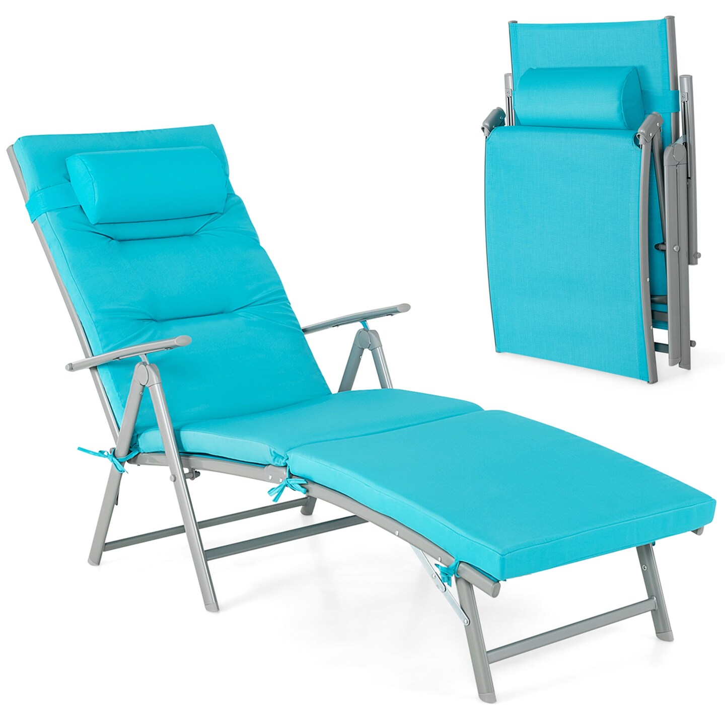 Costway Outdoor Folding Chaise Lounge Chair Recliner Cushion Pillow Adjustable Turquoise