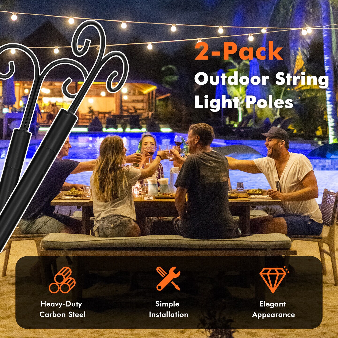 String Light Poles 2 Pack Outdoor Metal Poles with Top Arc Hook and 5-Prong Base