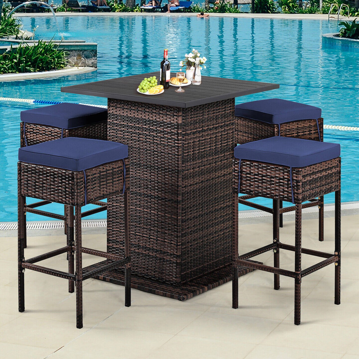 5 Pieces Patio Rattan Bar Table Stool Set Hidden Storage Shelf Cushioned