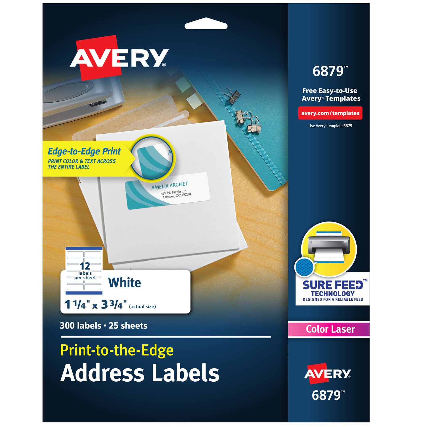 Avery Print to the Edge Shipping Labels for Color Laser Printers and Copiers, Sure Feed Technology, 1-1/4&#x22; x 3-3/4&#x22;, 300 Labels (6879)