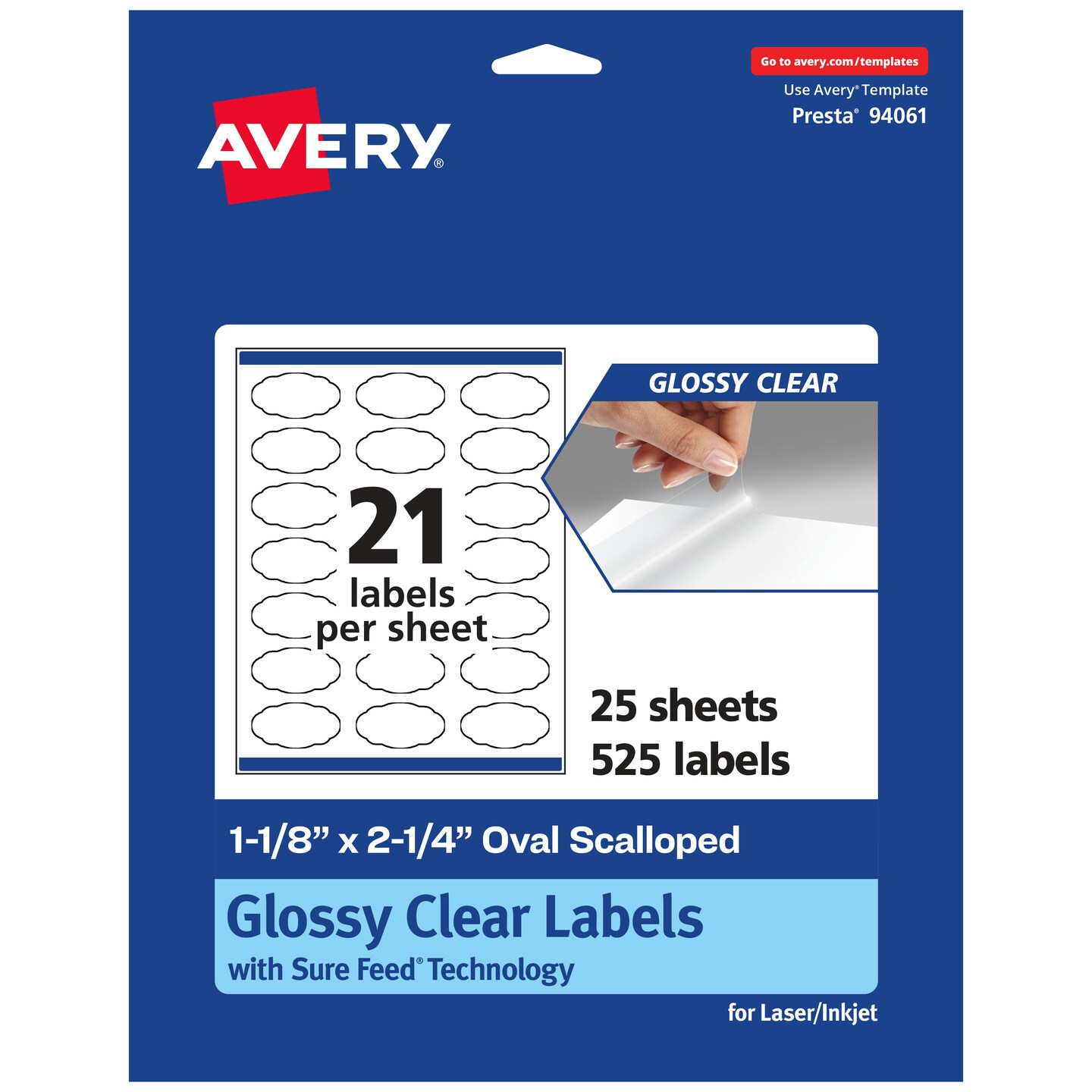 Avery Glossy Clear Oval Scalloped Labels with Sure Feed, 1-1/8&#x22; x 2-1/4&#x22;