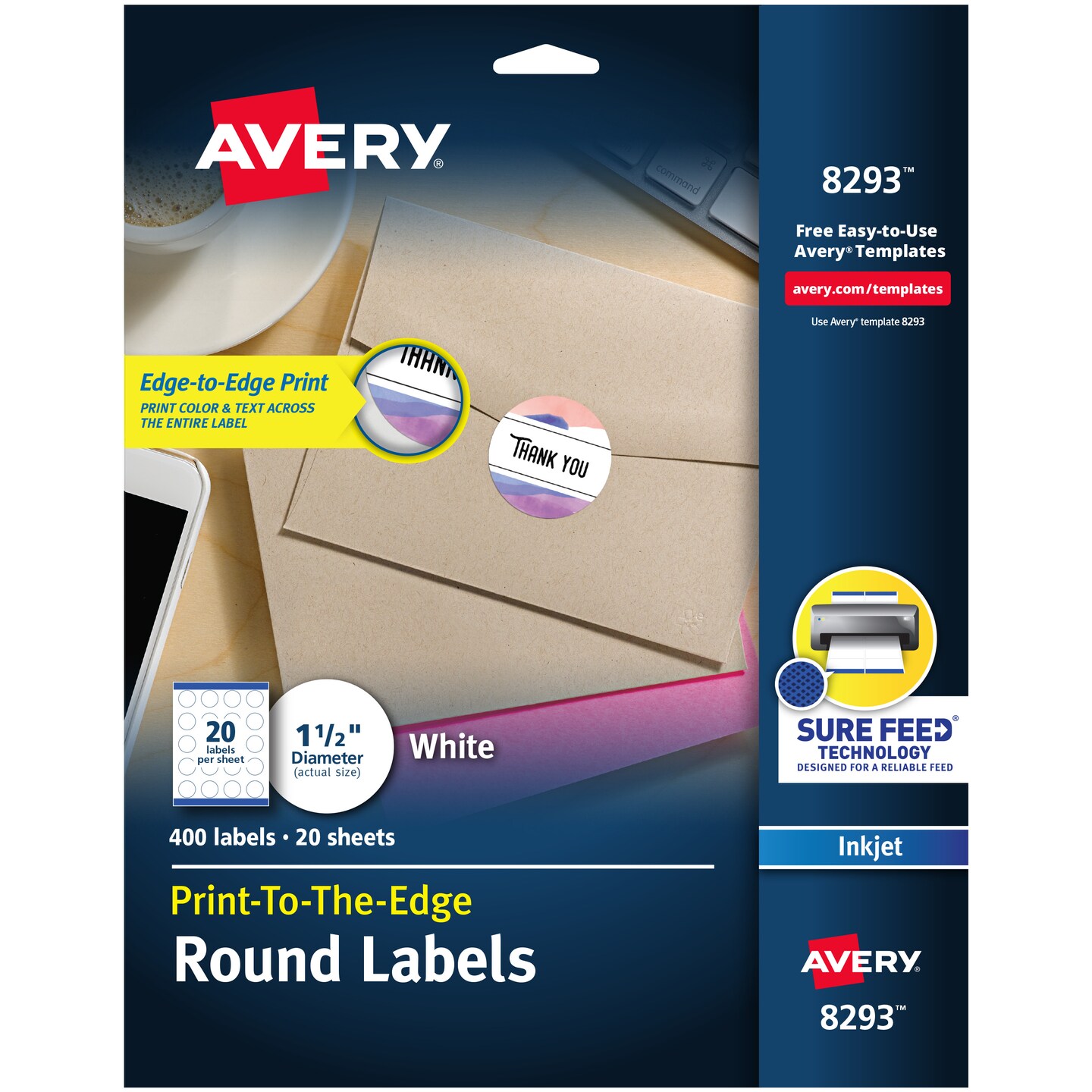 Avery Print-to-the-Edge Round Labels, Sure Feed Technology, Permanent Adhesive, 1-1/2&#x22;, 400 Labels (8293)