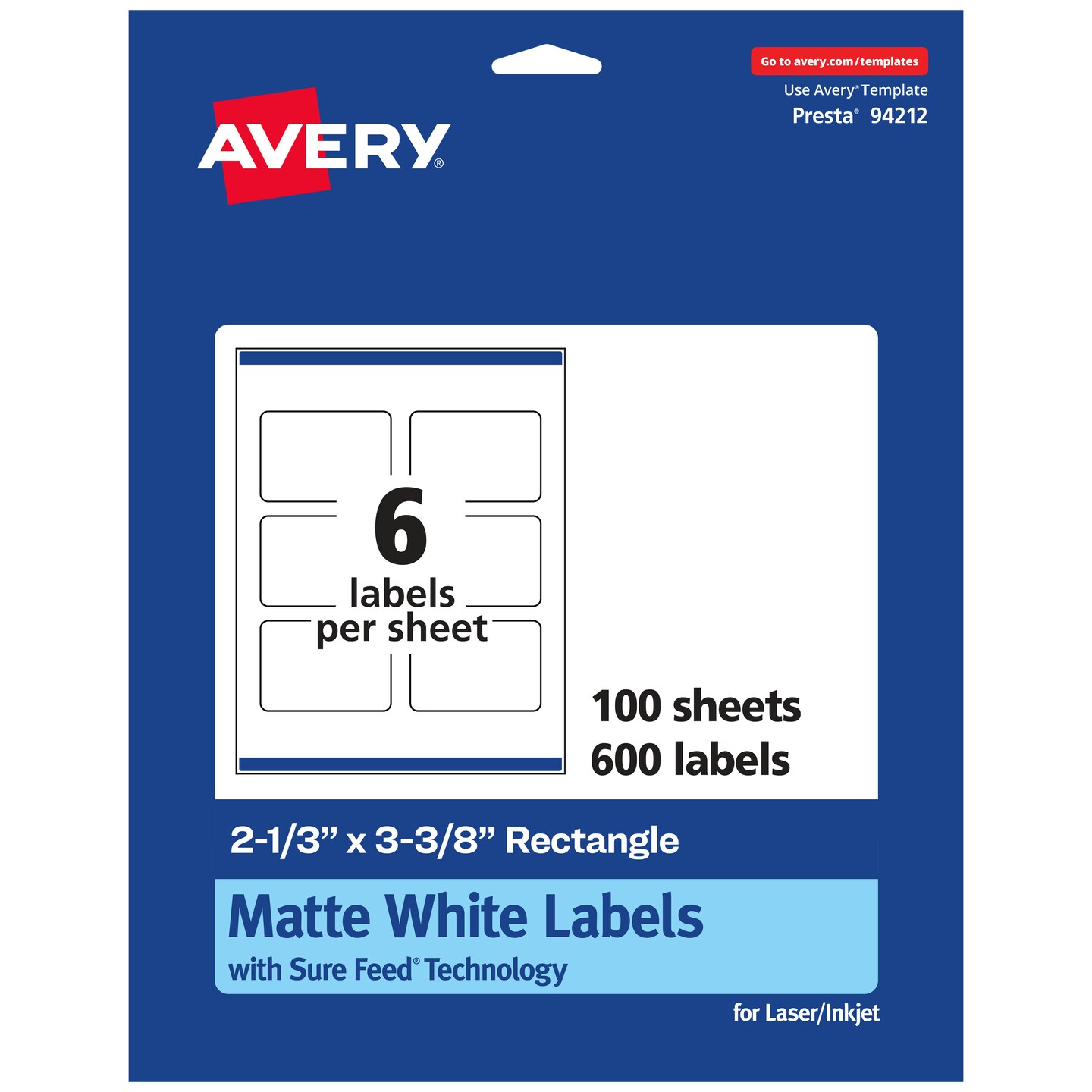 Avery Matte White Rectangle Labels, 2-1/3&#x22; x 3-3/8&#x22;