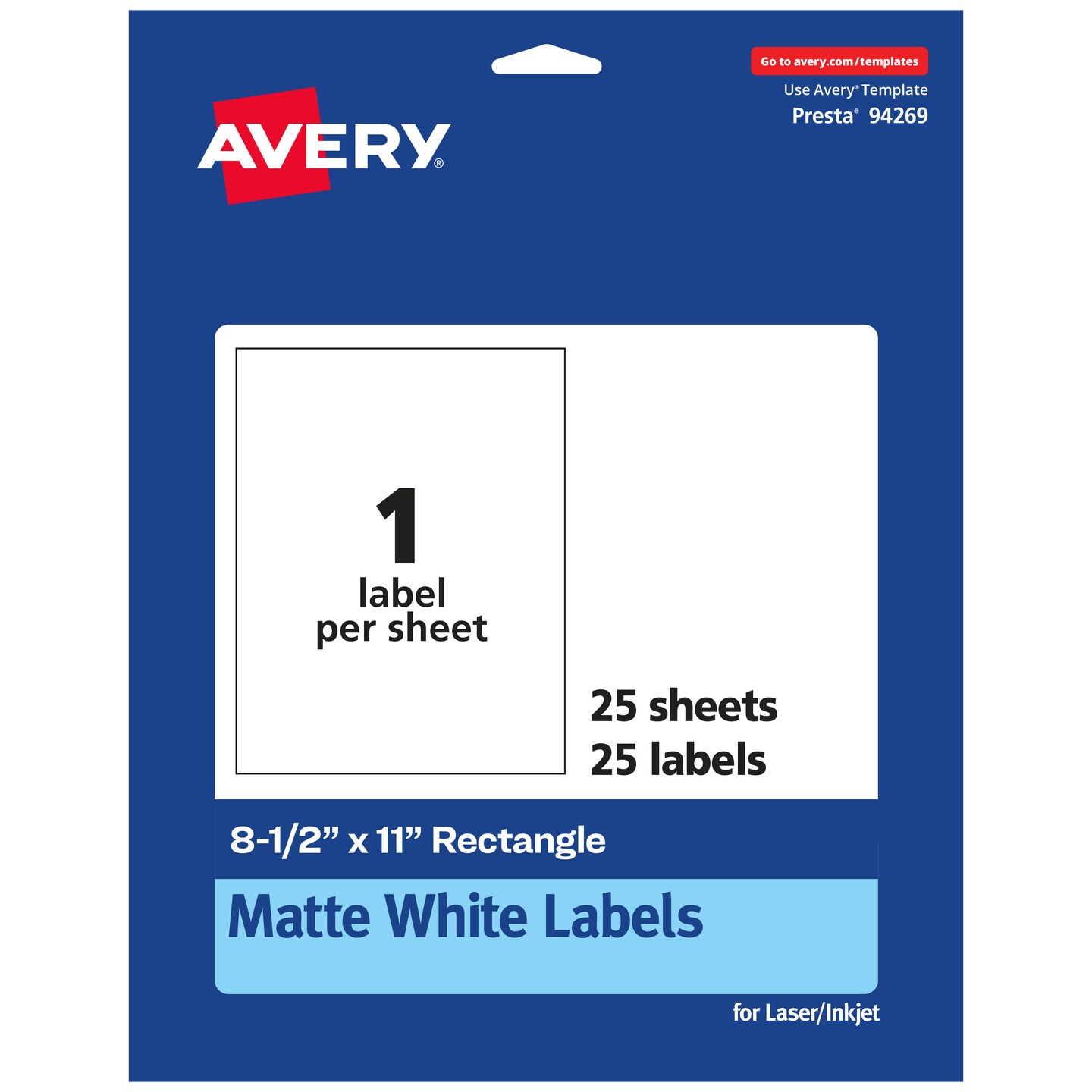 Avery Matte White Rectangle Labels, 8-1/2&#x22; x 11&#x22;