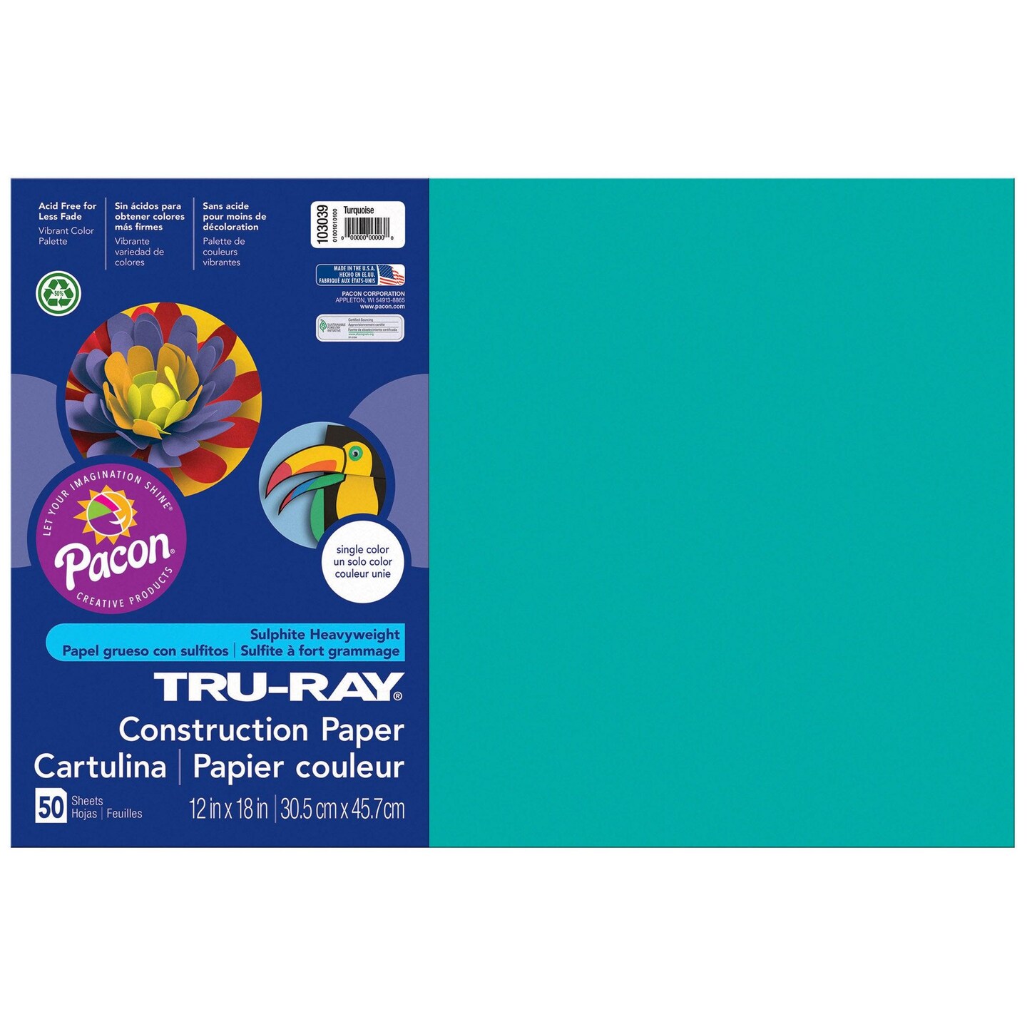 Construction Paper, Turquoise, 12&#x22; x 18&#x22;, 50 Sheets Per Pack, 5 Packs