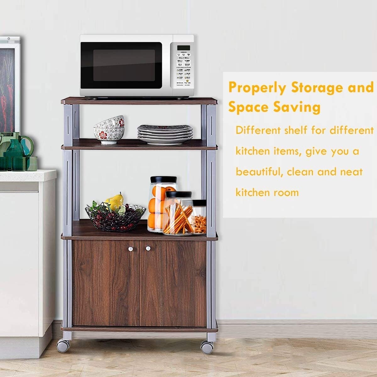 Multi-functional Kitchen Storage Cart with Lockable Wheels and 3 Shelves and Cabinet for Microwave and Dishes
