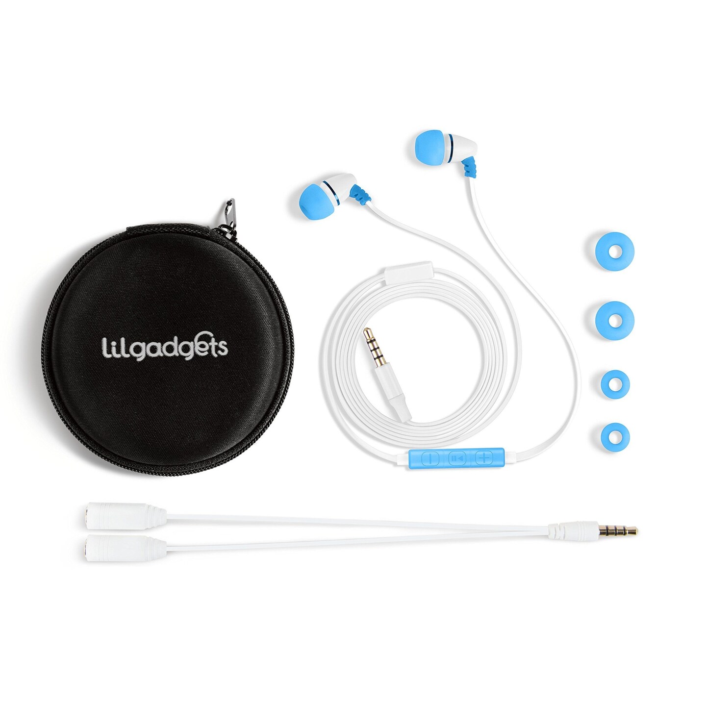 LilGadgets BestBuds Kids Earbuds for School - Safe &#x26; Comfortable, Volume Limited, Wired in-Ear Kids Ear Buds with an in-Line Microphone, Travel Case, and Splitter - Blue