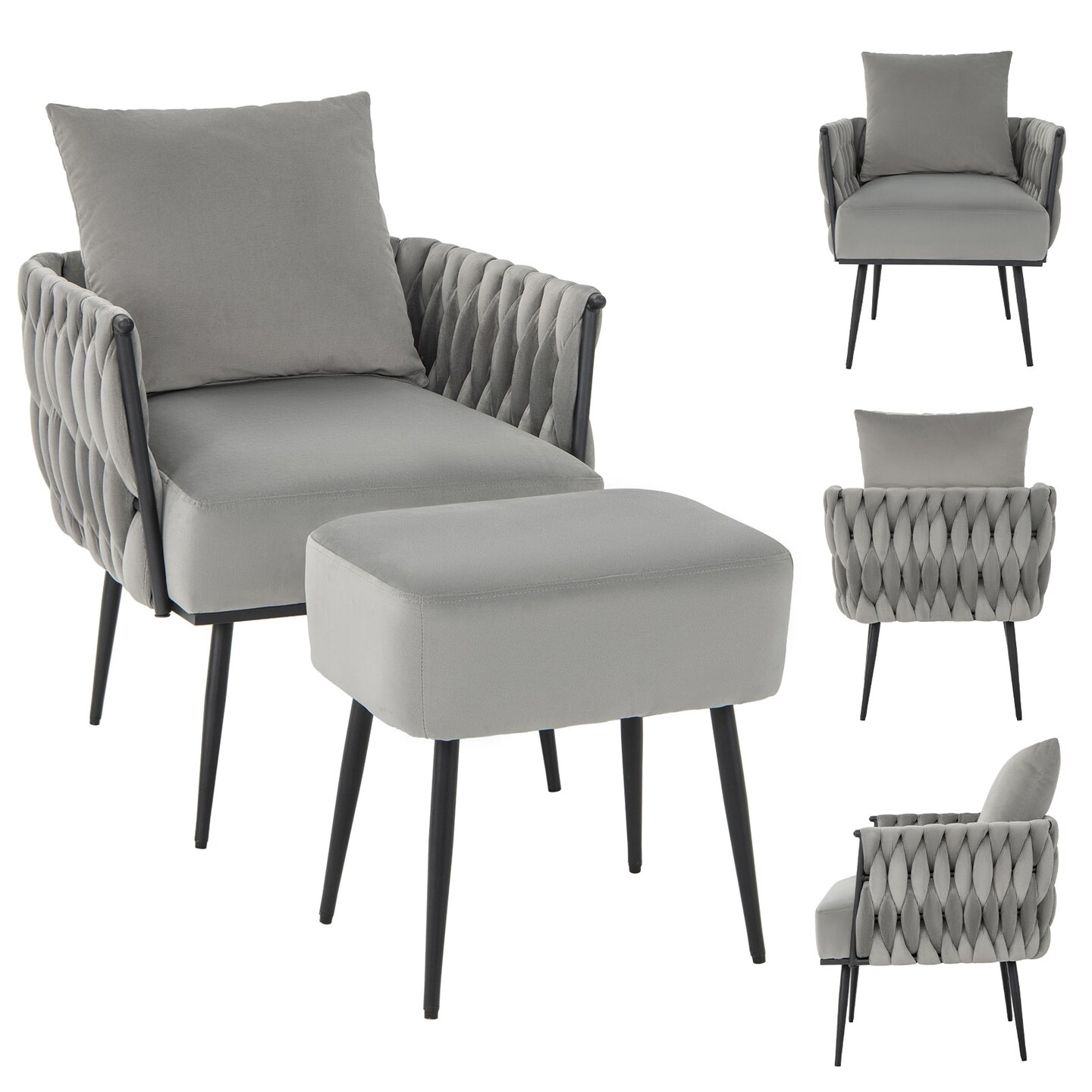 Modern Dutch Velvet Accent Chair And Ottoman Set With Weaved Back And Arms