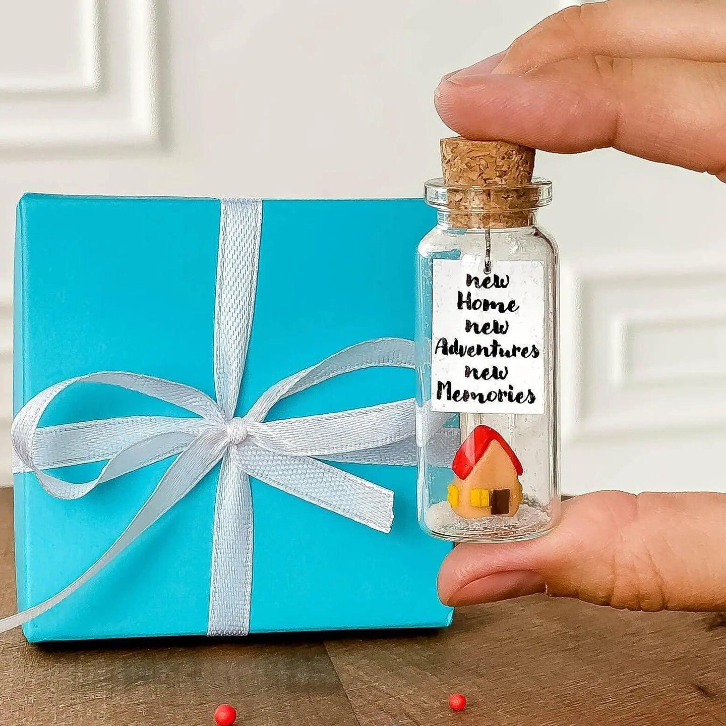 Tiny Magical Message in a Bottle Gift Idea Classy Inspirational Gifts for Him and Her Unique Presents for Women and Men (Colorful House New Home New Adventures New Memories in Teal Gift Box)