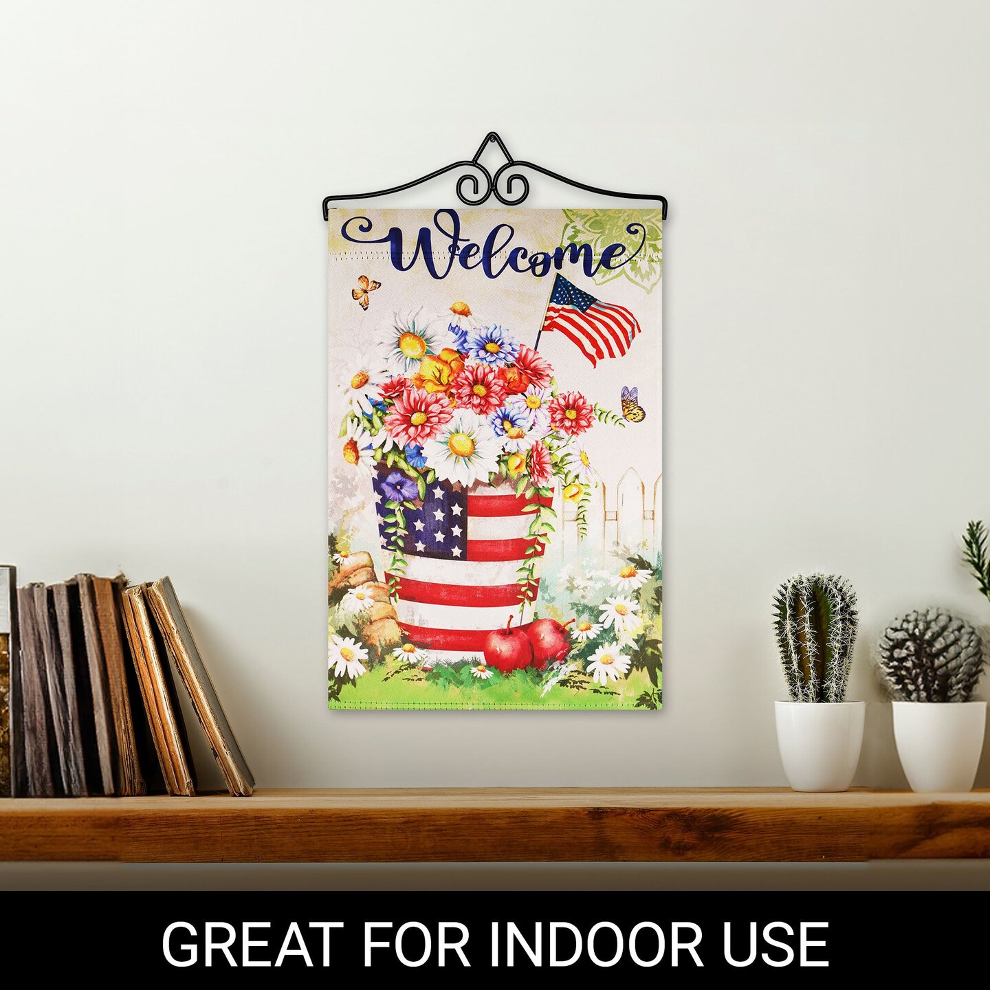 G128 Combo Pack Garden Flag Hanger 14IN & Garden Flag Welcome USA Flag Flower Pot 12x18IN Printed Double Sided Blockout Fabric