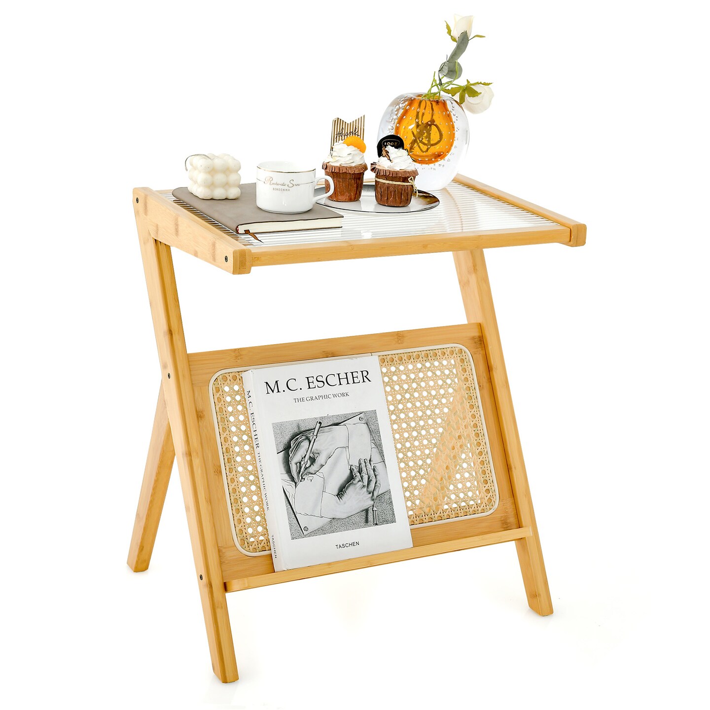Boho End Table With Magazine Rack And Tempered Glass Top