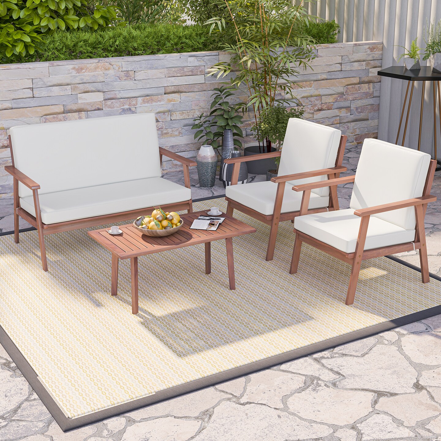 4 Piece Outdoor Acacia Wood Conversation Set With Soft Seat And Back Cushions