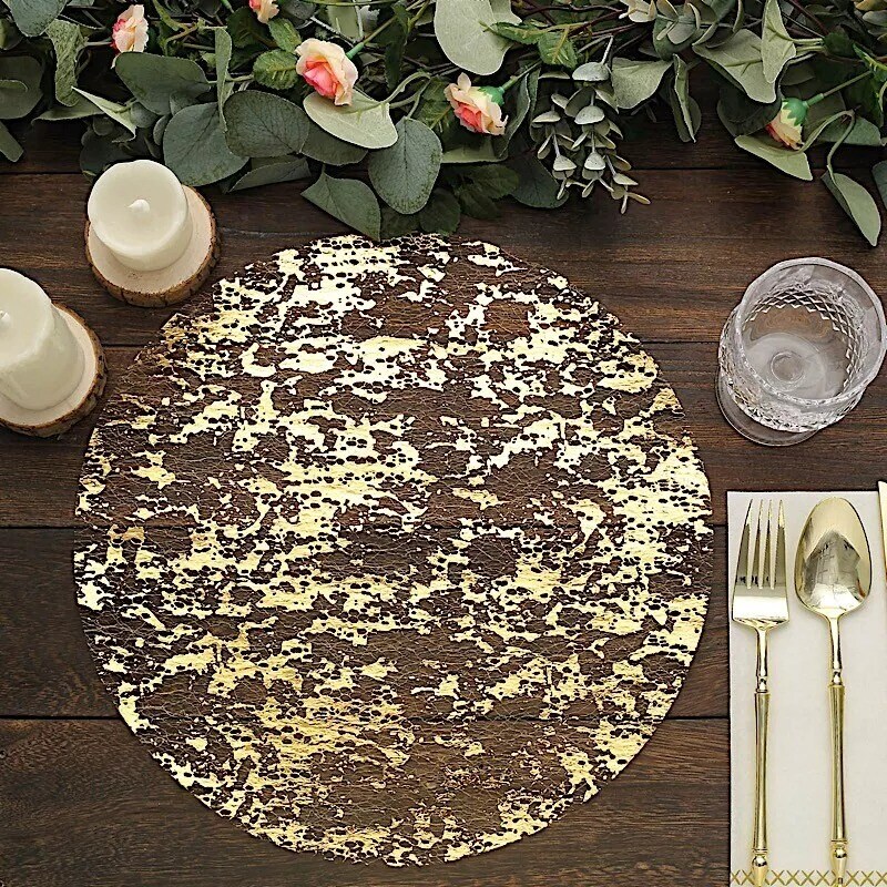 GOLD 10 Round 13&#x22; Metallic Foil Polyester Mesh Table PLACEMATS