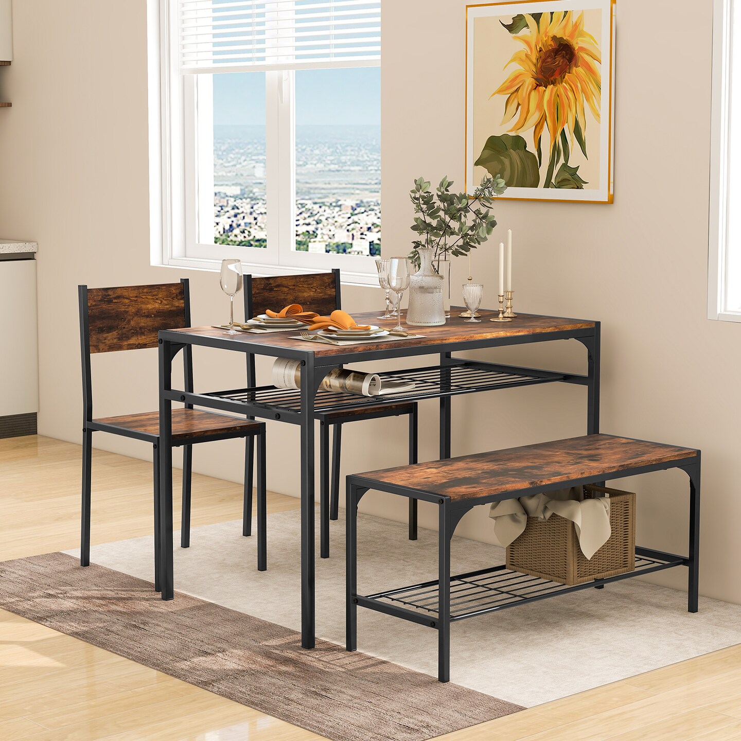Wood Industrial Rectangular Dining Table with Bench and Metal Chairs