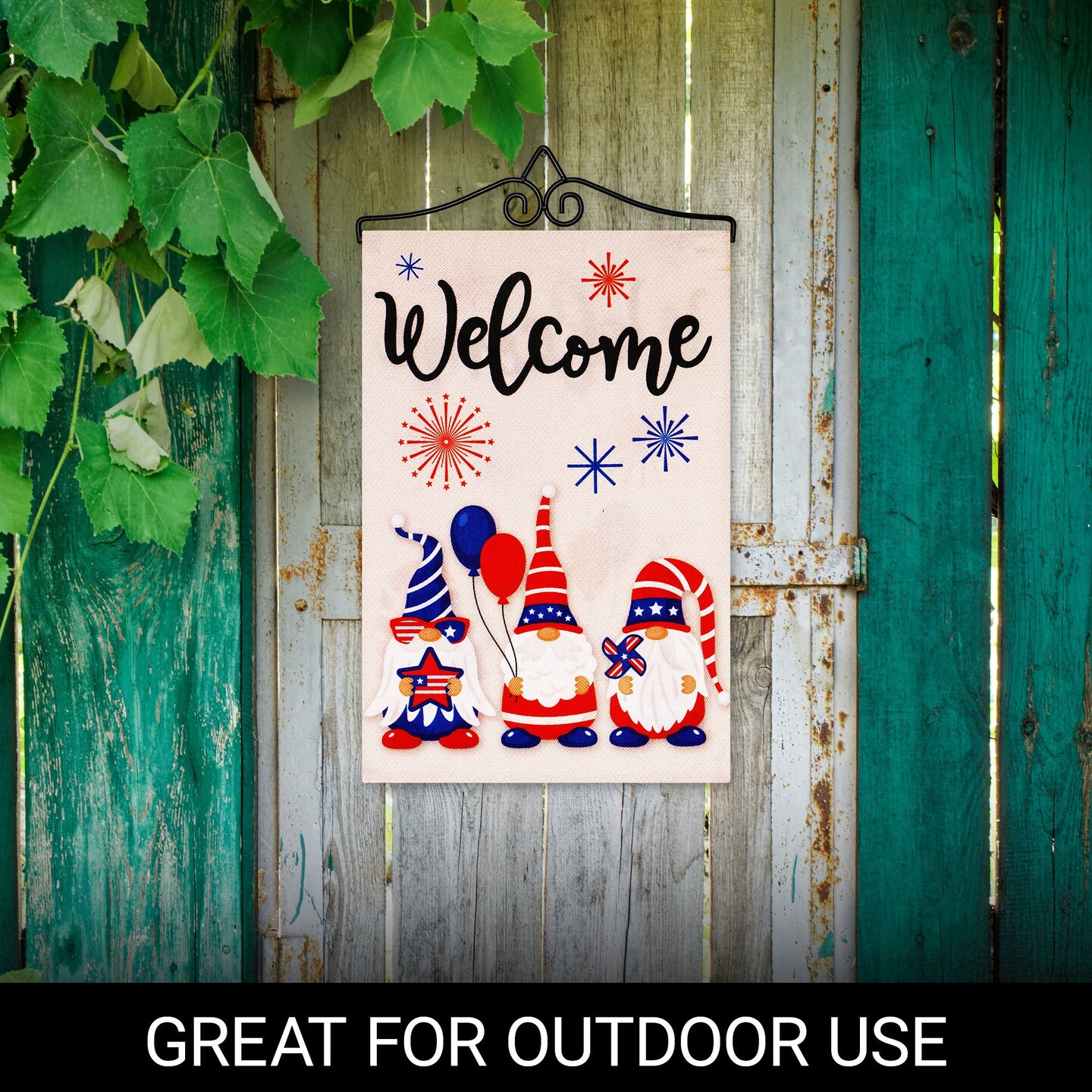 G128 Combo Pack Garden Flag Hanger 14IN & Garden Flag Welcome 3 Gnomes Celebrating July 4th 12x18IN Printed Double Sided Burlap Fabric