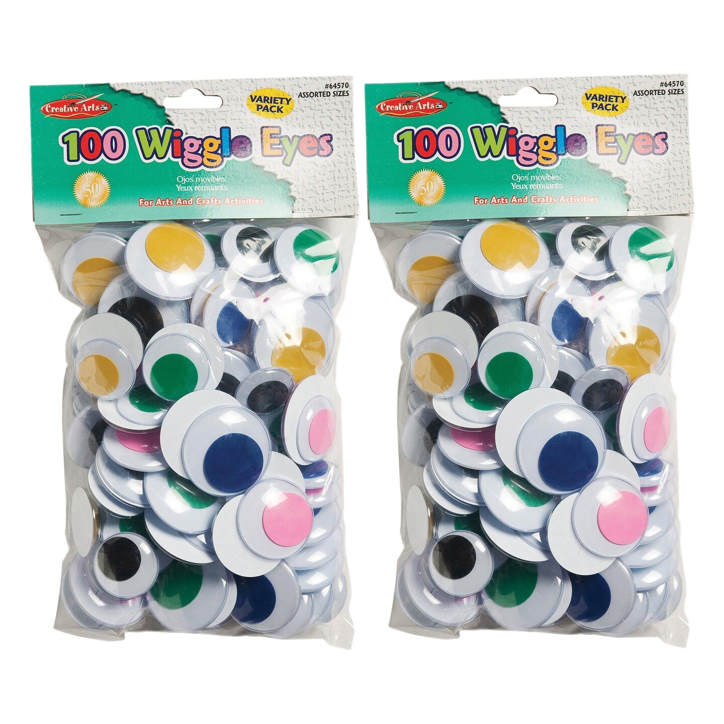 Wiggle Eyes, Jumbo Round, Assorted Colors &#x26; Sizes, 100 Per Pack, 2 Packs