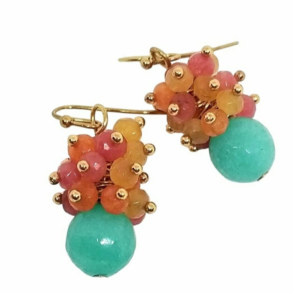 Chalcedony and carnelian drop earrings gold tone clusters pretty !