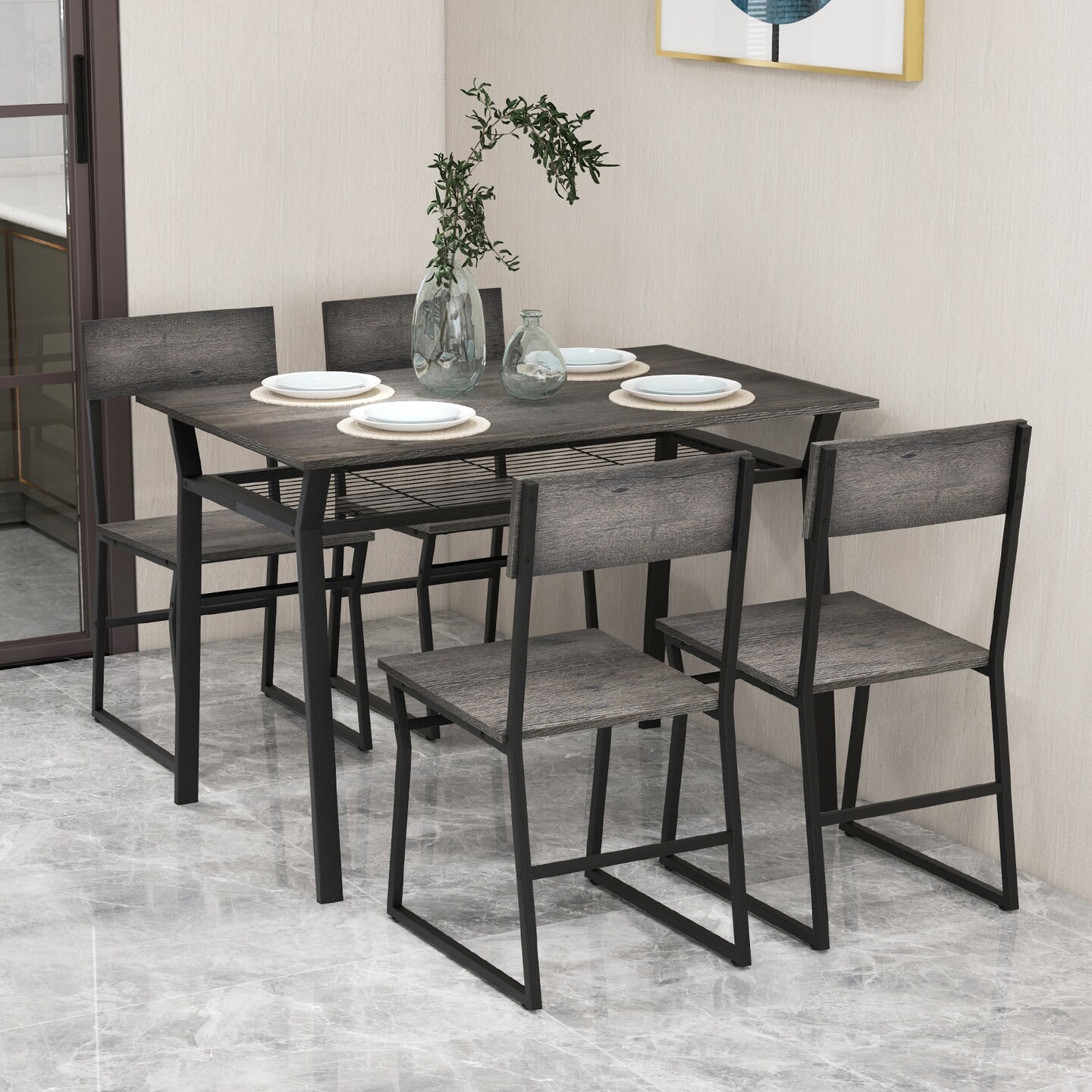 5 Piece Dining Table Set With Storage Rack And Metal Frame