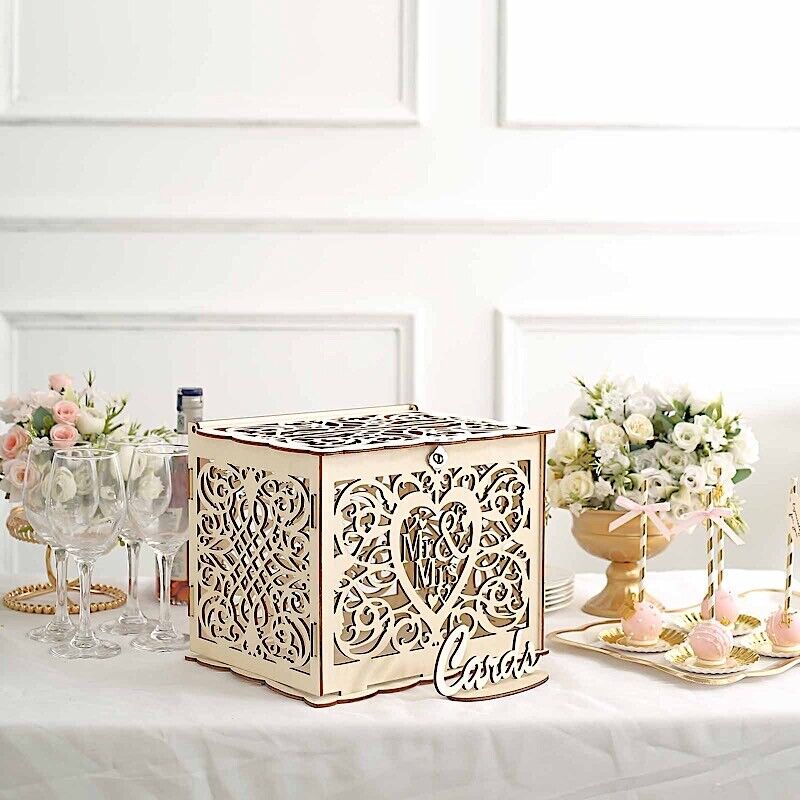 Natural Wood Mr & Mrs Laser Cut Wedding Gift Money Card Box SIGN STAND