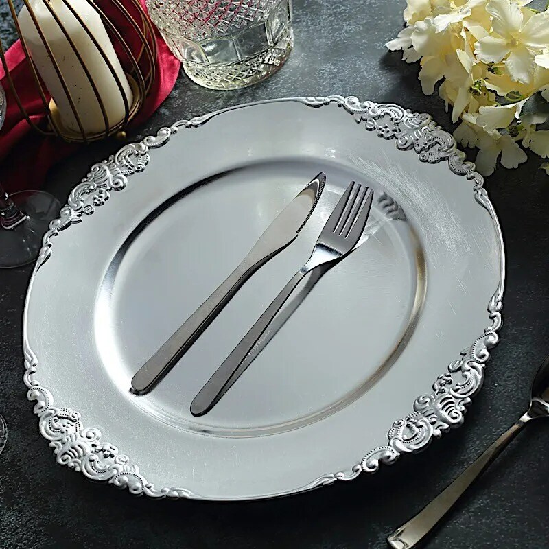 6 SILVER 13&#x22; Round with Embossed Rim Charger Plates