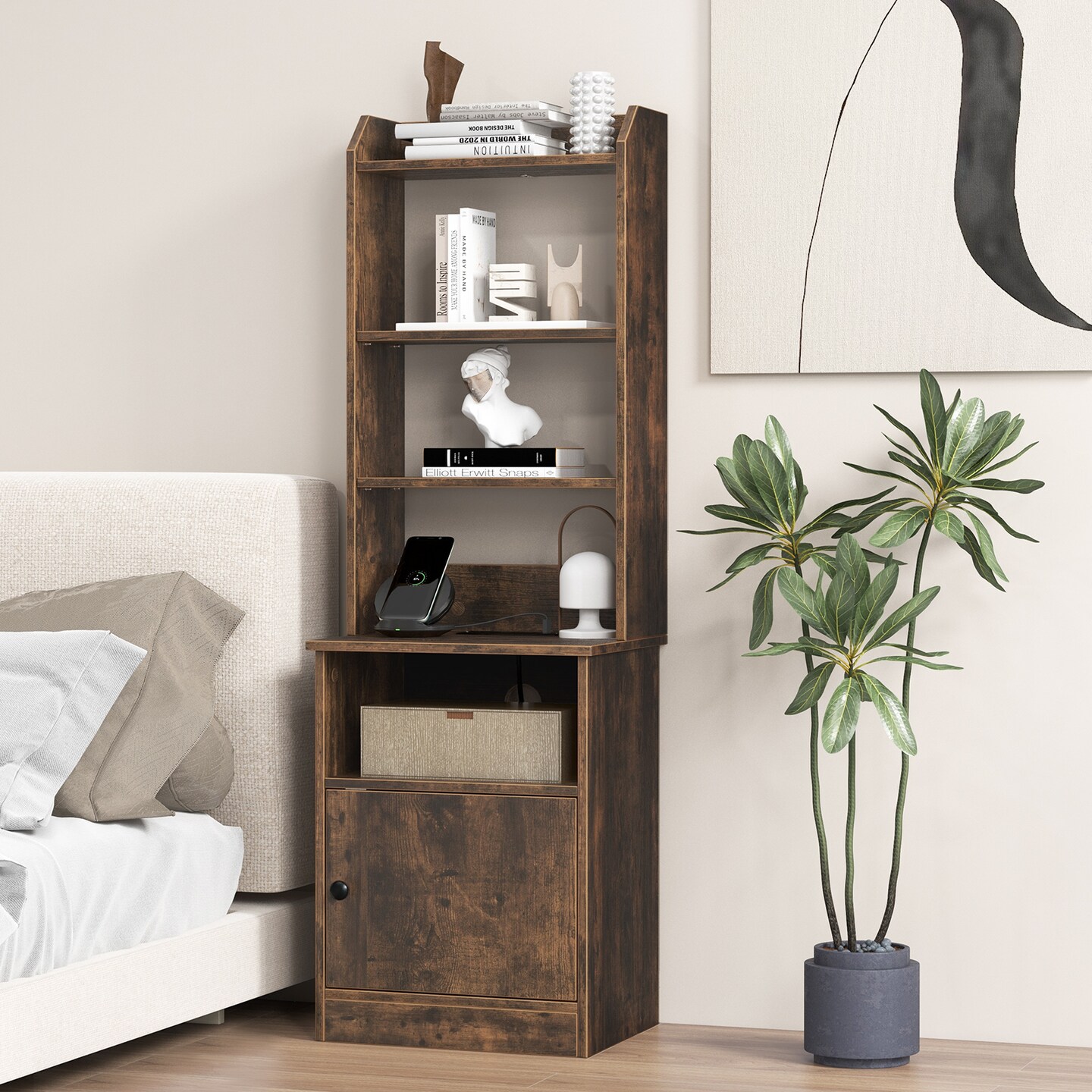 Bedside Tables Tall Nightstands with 5 Open Shelf and 2-Tier Storage Cabinet, Charging Station